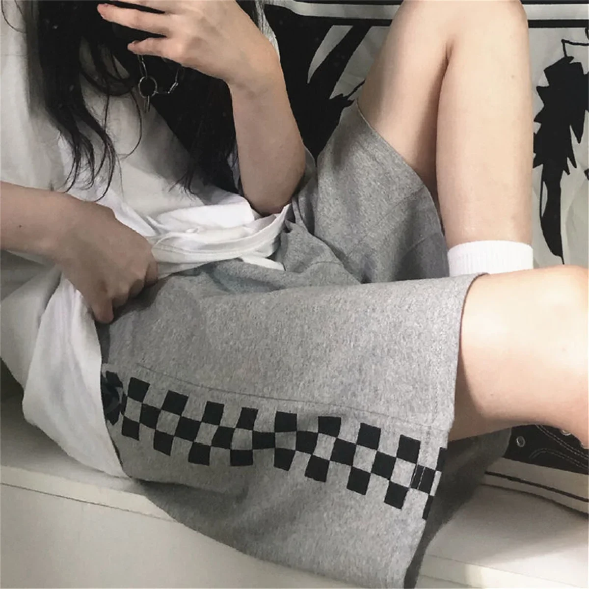 Checkerboard Casual Men Summer Thin American Retro Sports Straight Five-point Pants