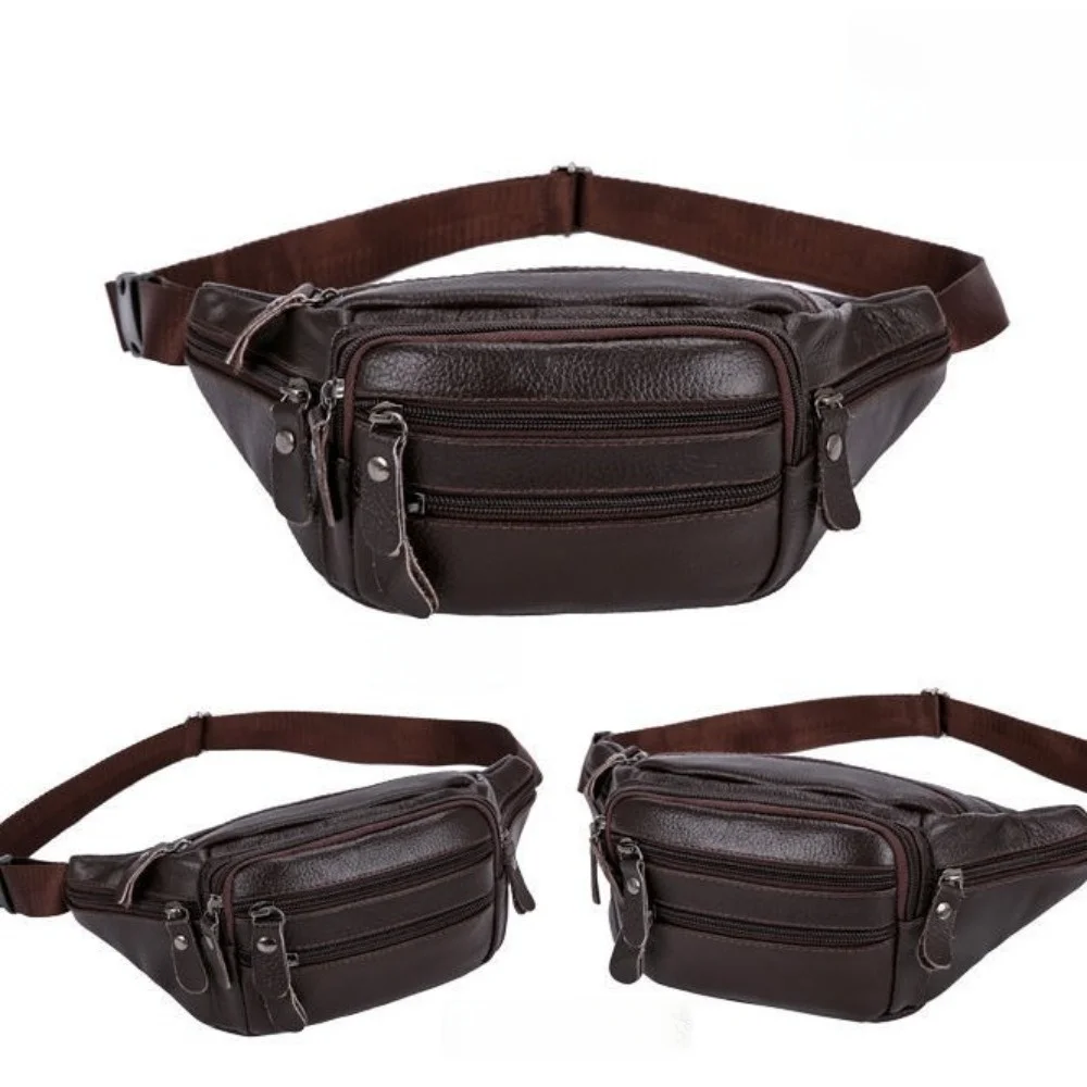 Solid Color Genuine Leather Fanny Bag Adjustable Buckle Strap Waterproof Travel Waist Bag Zipper Large Capacity Hip Belt Bag