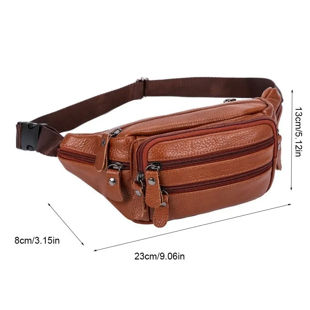 Solid Color Genuine Leather Fanny Bag Adjustable Buckle Strap Waterproof Travel Waist Bag Zipper Large Capacity Hip Belt Bag