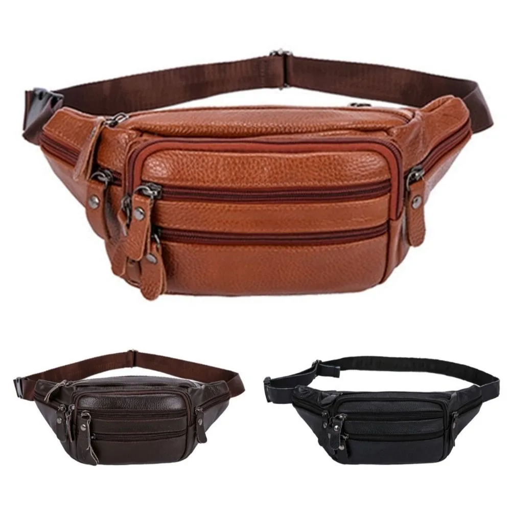 Solid Color Genuine Leather Fanny Bag Adjustable Buckle Strap Waterproof Travel Waist Bag Zipper Large Capacity Hip Belt Bag