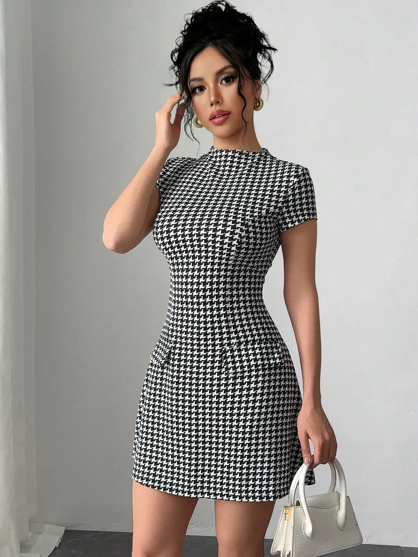Elegant Women's Faux Pocket Houndstooth Dress