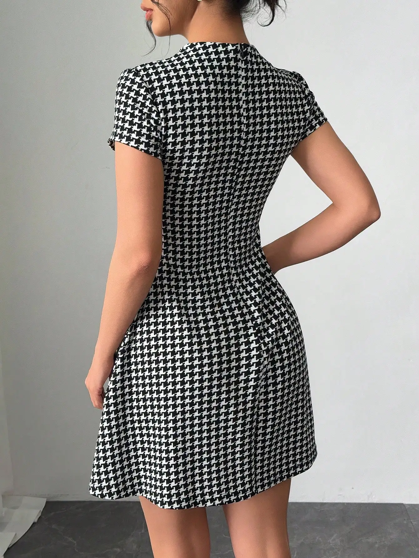 Elegant Women's Faux Pocket Houndstooth Dress