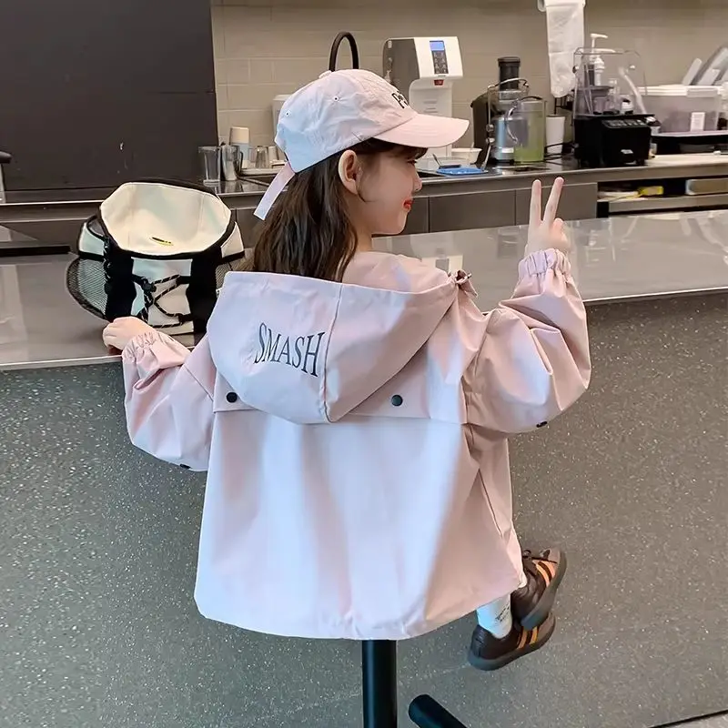 2026 Spring Autumn Kids Girls Hooded Jacket Solid Color Splicing Zipper Loose Casual Windbreaker Outerwear Kids Waterproof Coat
