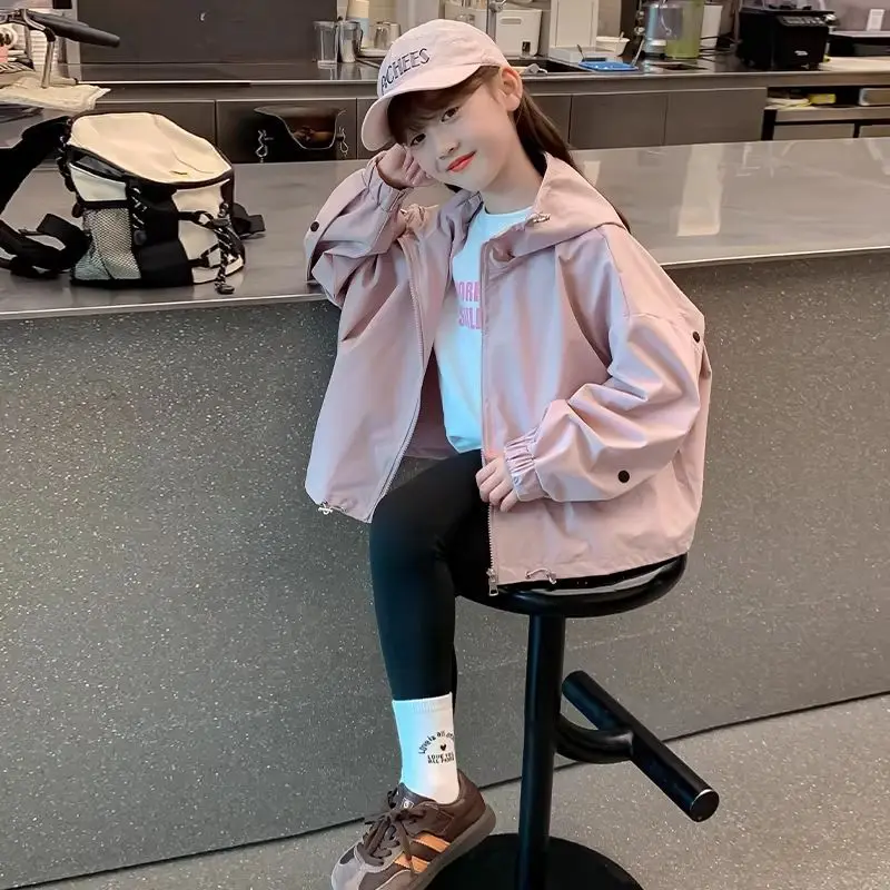 2026 Spring Autumn Kids Girls Hooded Jacket Solid Color Splicing Zipper Loose Casual Windbreaker Outerwear Kids Waterproof Coat