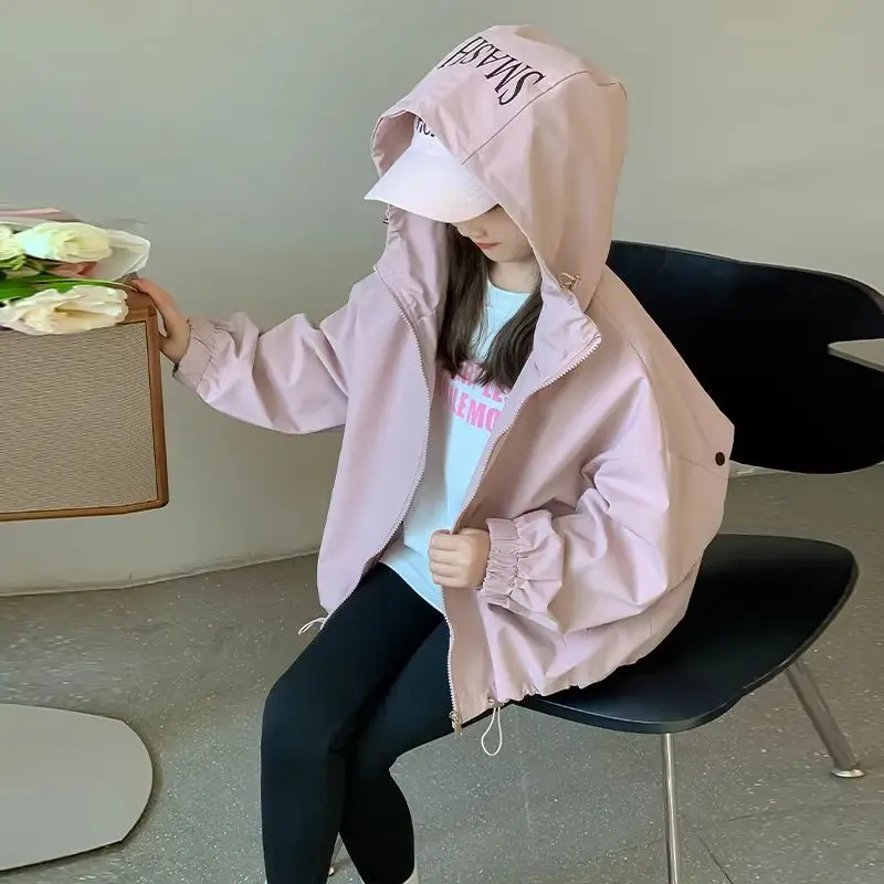 2026 Spring Autumn Kids Girls Hooded Jacket Solid Color Splicing Zipper Loose Casual Windbreaker Outerwear Kids Waterproof Coat