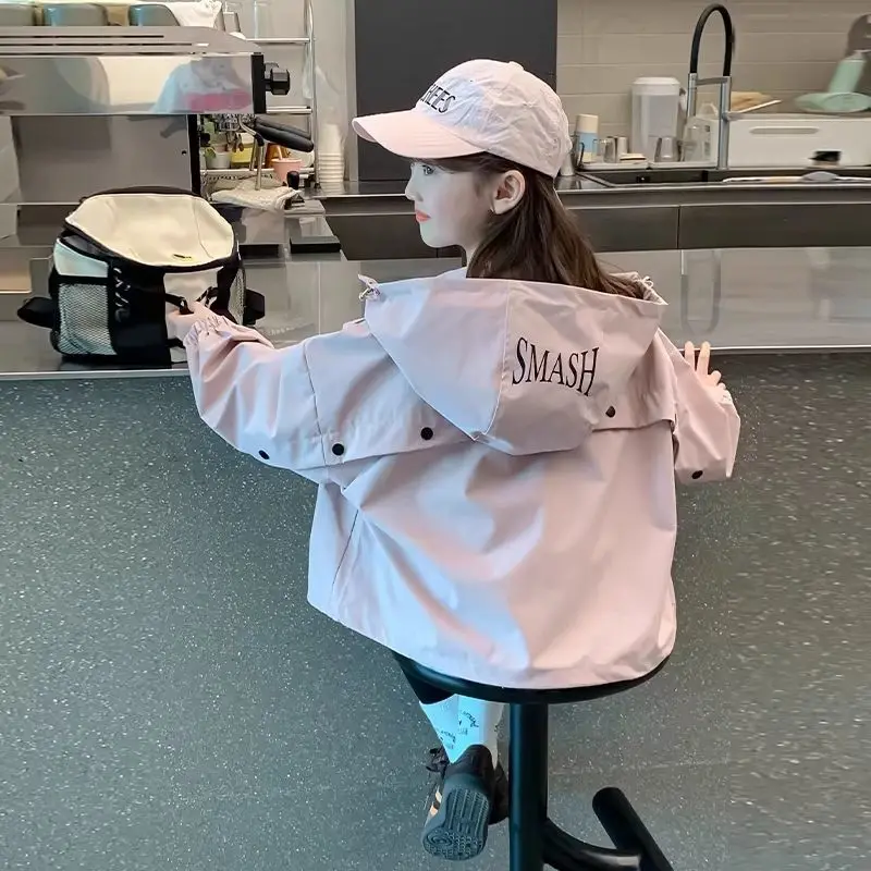 2026 Spring Autumn Kids Girls Hooded Jacket Solid Color Splicing Zipper Loose Casual Windbreaker Outerwear Kids Waterproof Coat