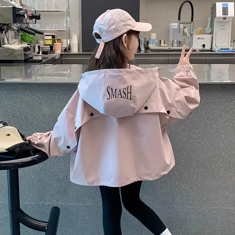 2026 Spring Autumn Kids Girls Hooded Jacket Solid Color Splicing Zipper Loose Casual Windbreaker Outerwear Kids Waterproof Coat