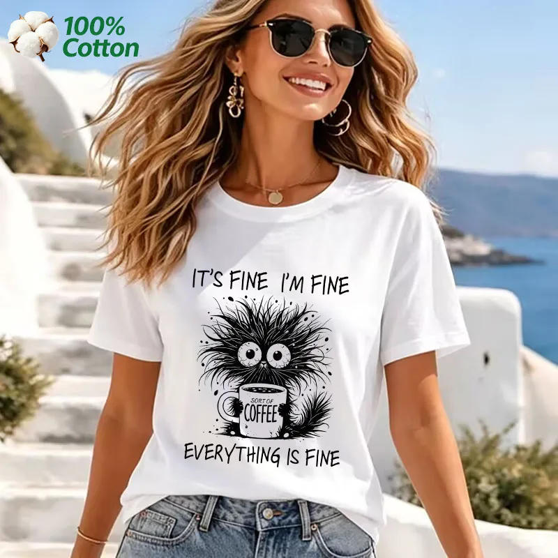 Women's It's Fine I'm Fine Everything Is Fine Cat Print T-Shirt 100% Cotton Funny Casual Short Sleeve Tee