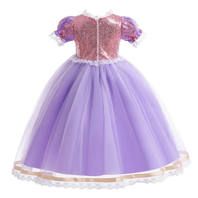 2026 Summer Girls Birthday Rapunzel Puffy Princess Dress Purple Sequin Lace Elegant Frock Kid Party Role Play Halloween Costume