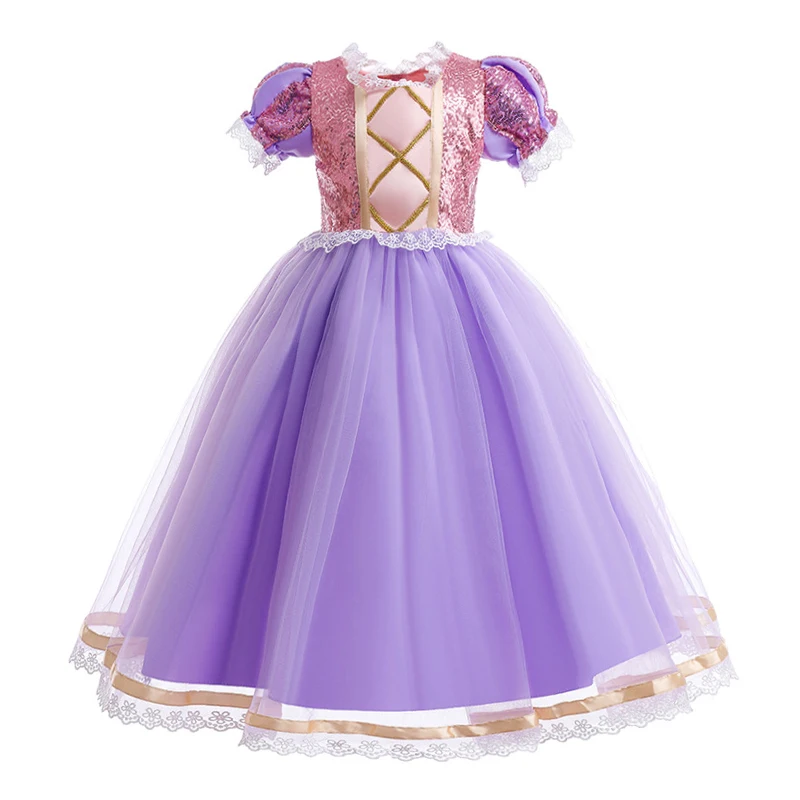 2026 Summer Girls Birthday Rapunzel Puffy Princess Dress Purple Sequin Lace Elegant Frock Kid Party Role Play Halloween Costume