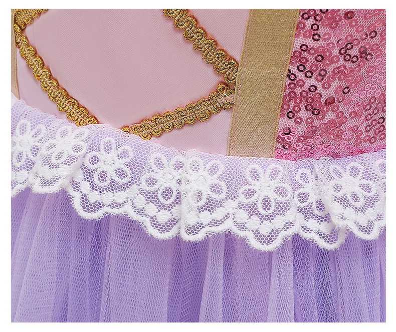 2026 Summer Girls Birthday Rapunzel Puffy Princess Dress Purple Sequin Lace Elegant Frock Kid Party Role Play Halloween Costume