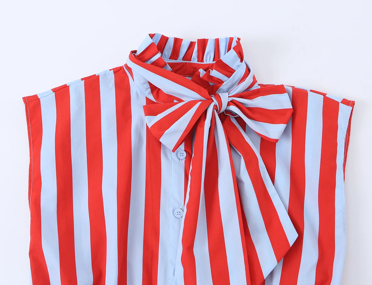 KONDALA Women Contrasting Bow Shirt Vest Summer Trendy Leisure Holiday Sleeveless Shirt New 2026 Female Elegant Chic Striped Top
