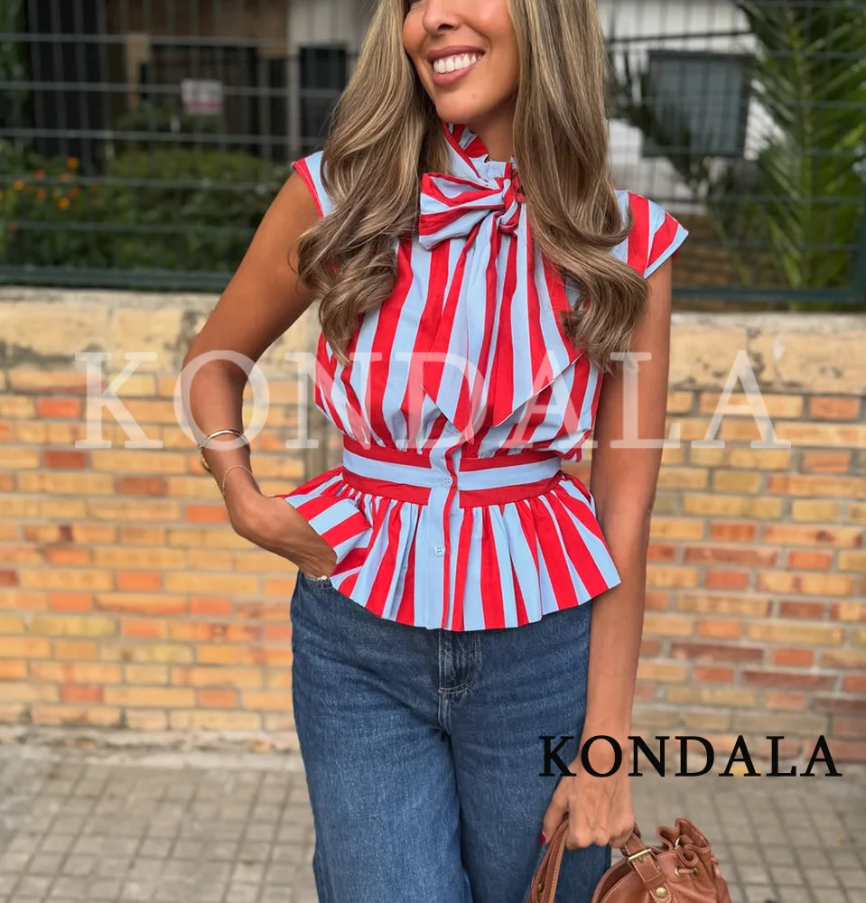 KONDALA Women Contrasting Bow Shirt Vest Summer Trendy Leisure Holiday Sleeveless Shirt New 2026 Female Elegant Chic Striped Top
