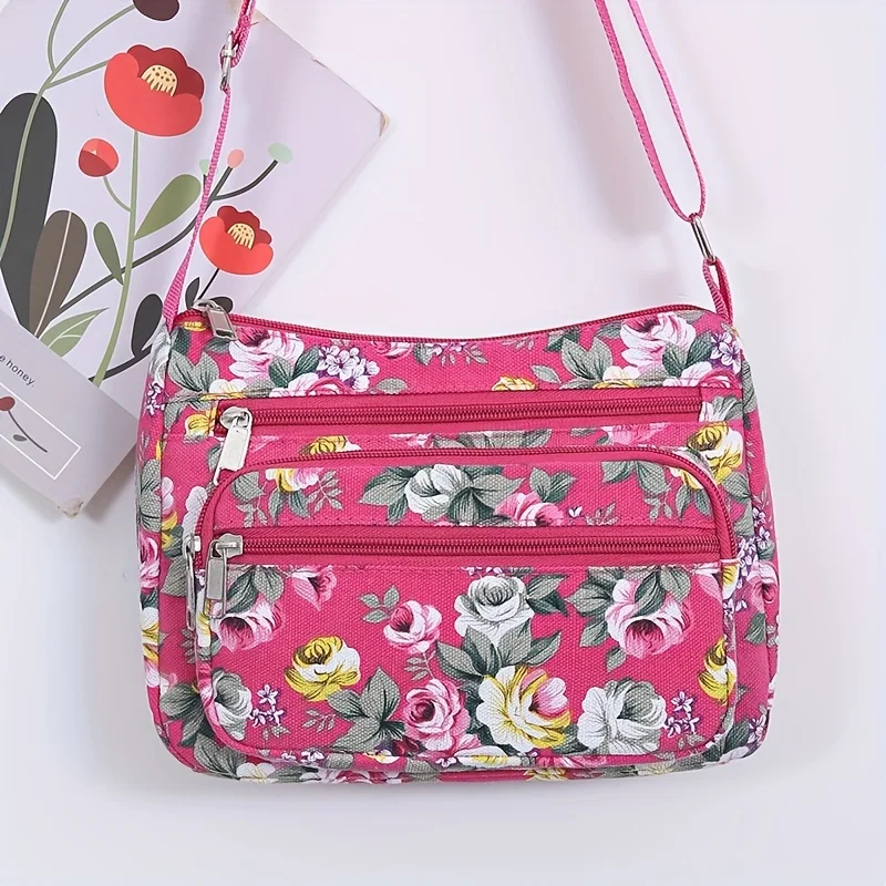 Stylish Floral Crossbody Bag, Multi Zip Casual Shoulder Purse with Adjustable Strap Wallets, for Everyday Outdoor Shoulder Bags