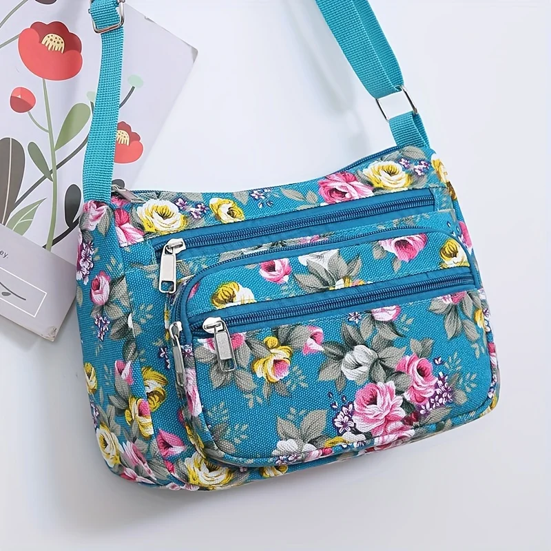 Stylish Floral Crossbody Bag, Multi Zip Casual Shoulder Purse with Adjustable Strap Wallets, for Everyday Outdoor Shoulder Bags