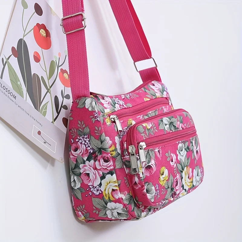 Stylish Floral Crossbody Bag, Multi Zip Casual Shoulder Purse with Adjustable Strap Wallets, for Everyday Outdoor Shoulder Bags