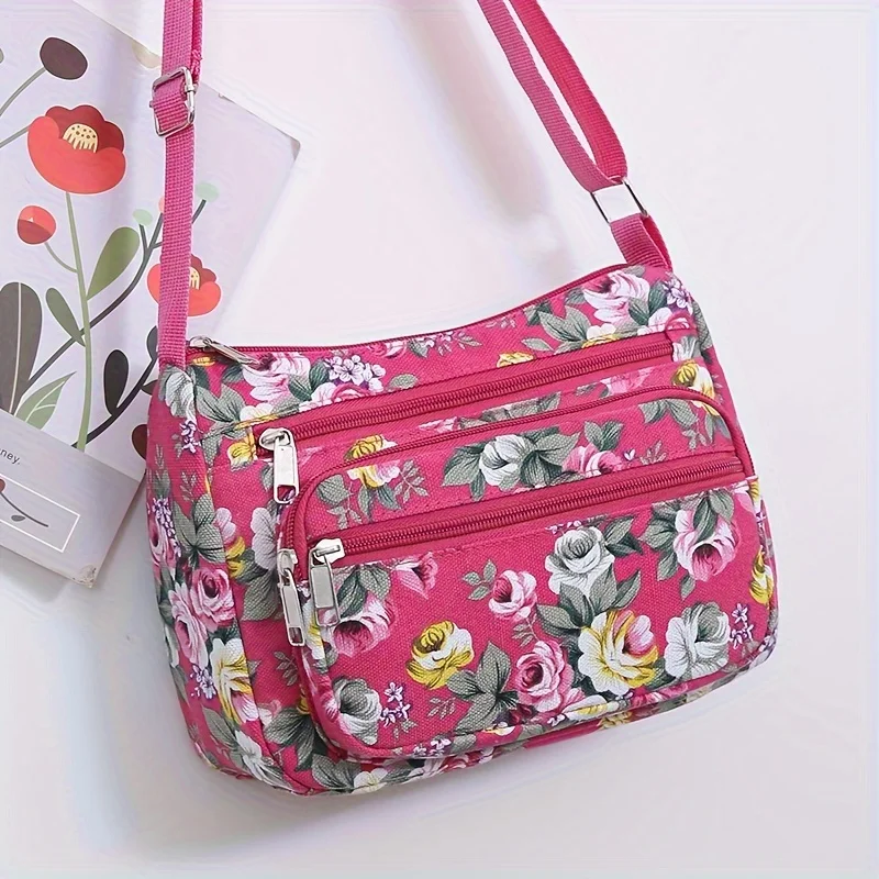 Stylish Floral Crossbody Bag, Multi Zip Casual Shoulder Purse with Adjustable Strap Wallets, for Everyday Outdoor Shoulder Bags