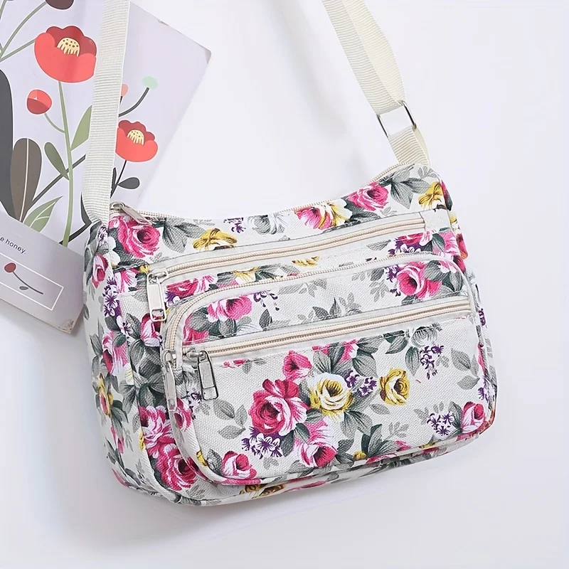 Stylish Floral Crossbody Bag, Multi Zip Casual Shoulder Purse with Adjustable Strap Wallets, for Everyday Outdoor Shoulder Bags
