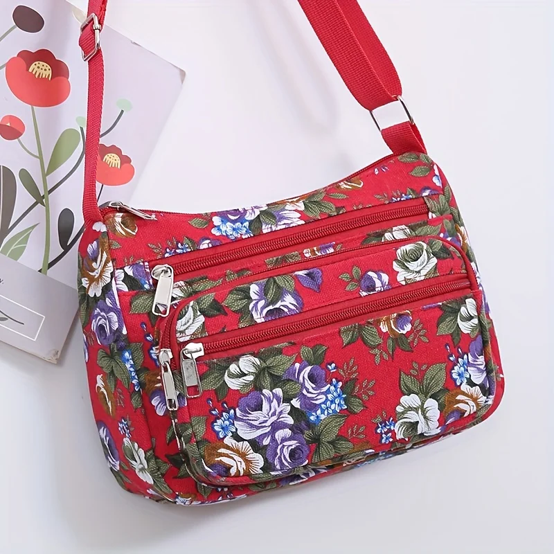 Stylish Floral Crossbody Bag, Multi Zip Casual Shoulder Purse with Adjustable Strap Wallets, for Everyday Outdoor Shoulder Bags