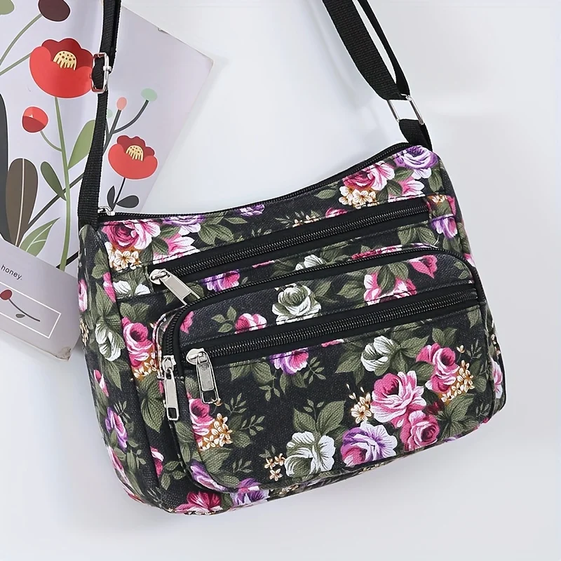 Stylish Floral Crossbody Bag, Multi Zip Casual Shoulder Purse with Adjustable Strap Wallets, for Everyday Outdoor Shoulder Bags
