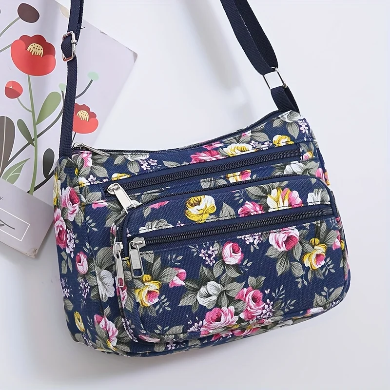 Stylish Floral Crossbody Bag, Multi Zip Casual Shoulder Purse with Adjustable Strap Wallets, for Everyday Outdoor Shoulder Bags