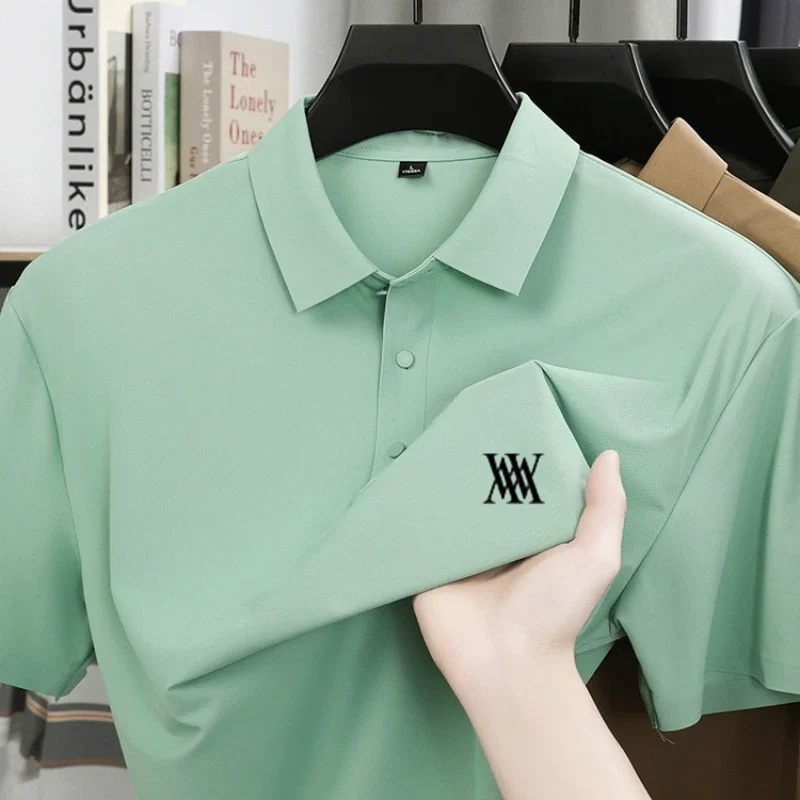 Brand Ice Silk Short Sleeve Men's Printed Polo Shirt High end Fashion Top 2026 Summer New Comfortable Breathable Casual T-shirt