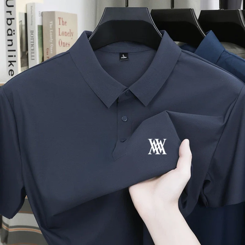 Brand Ice Silk Short Sleeve Men's Printed Polo Shirt High end Fashion Top 2026 Summer New Comfortable Breathable Casual T-shirt