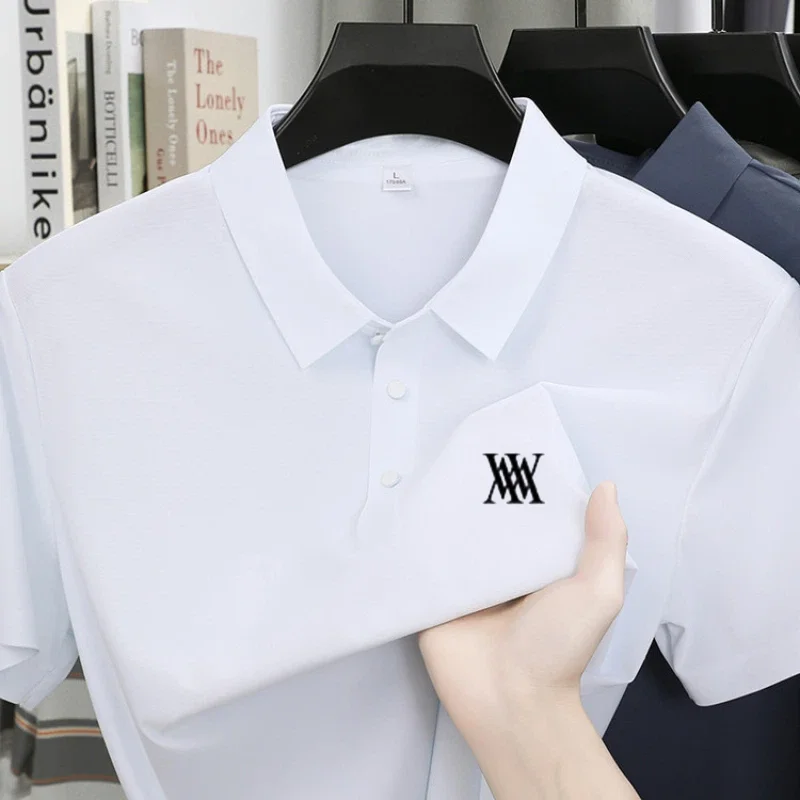 Brand Ice Silk Short Sleeve Men's Printed Polo Shirt High end Fashion Top 2026 Summer New Comfortable Breathable Casual T-shirt