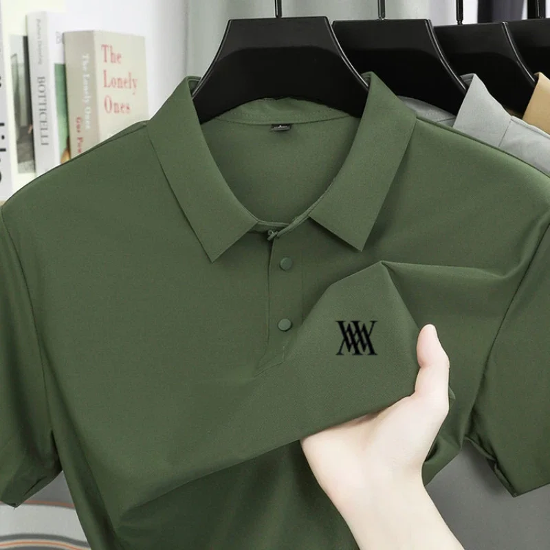 Brand Ice Silk Short Sleeve Men's Printed Polo Shirt High end Fashion Top 2026 Summer New Comfortable Breathable Casual T-shirt