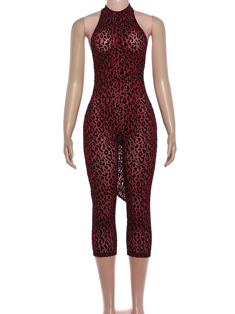 Kliou Leopard Print Playsuits Woman Bandage Halter Backless Sleeveless Skinny Peach Hip Hot Girls Street Style Classic Rompers