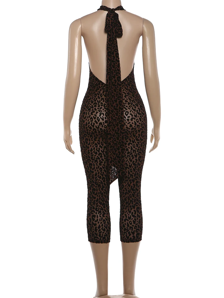 Kliou Leopard Print Playsuits Woman Bandage Halter Backless Sleeveless Skinny Peach Hip Hot Girls Street Style Classic Rompers