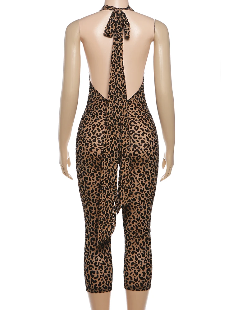 Kliou Leopard Print Playsuits Woman Bandage Halter Backless Sleeveless Skinny Peach Hip Hot Girls Street Style Classic Rompers