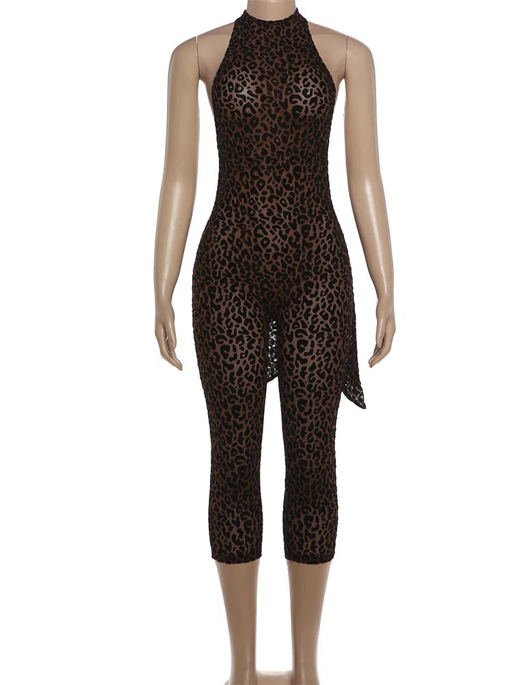 Kliou Leopard Print Playsuits Woman Bandage Halter Backless Sleeveless Skinny Peach Hip Hot Girls Street Style Classic Rompers