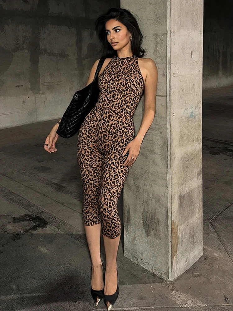 Kliou Leopard Print Playsuits Woman Bandage Halter Backless Sleeveless Skinny Peach Hip Hot Girls Street Style Classic Rompers