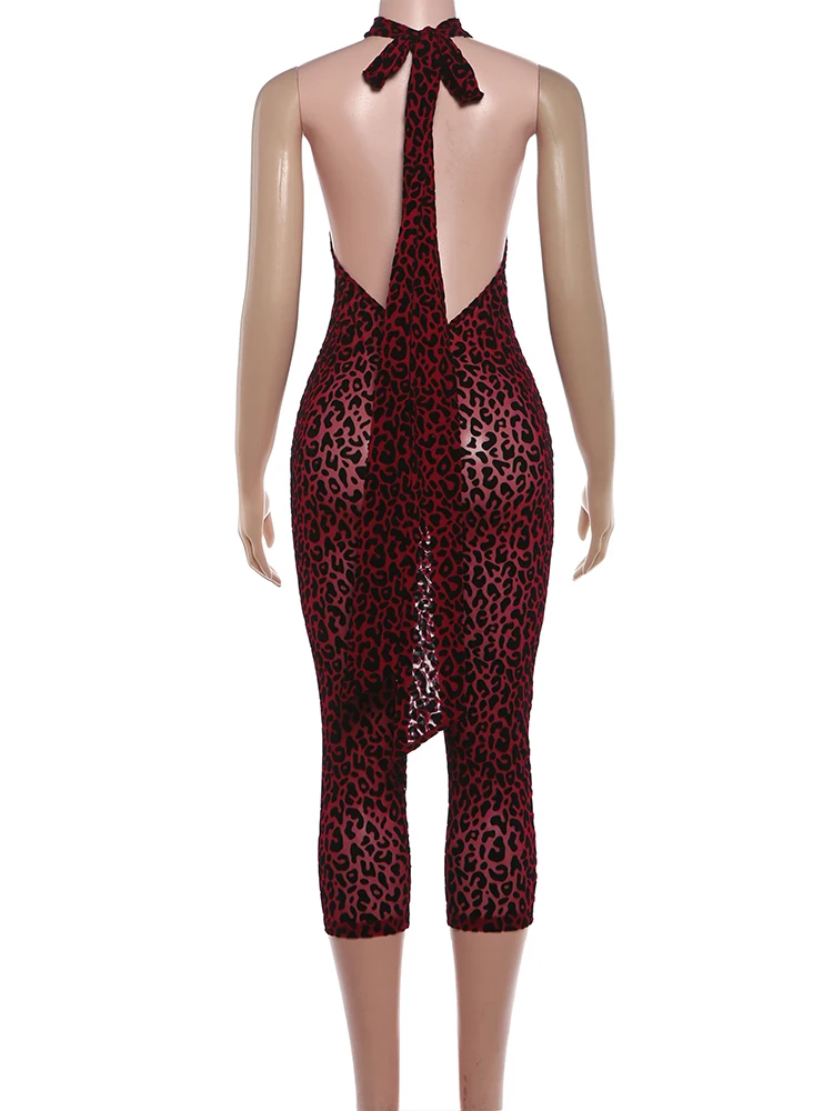 Kliou Leopard Print Playsuits Woman Bandage Halter Backless Sleeveless Skinny Peach Hip Hot Girls Street Style Classic Rompers