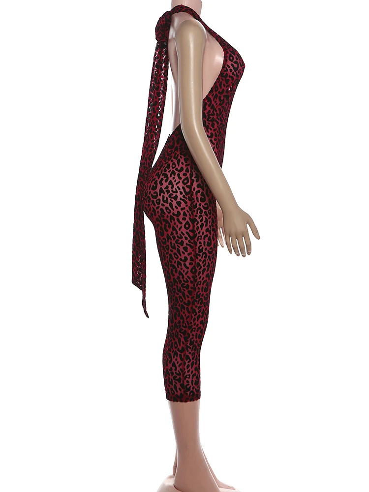 Kliou Leopard Print Playsuits Woman Bandage Halter Backless Sleeveless Skinny Peach Hip Hot Girls Street Style Classic Rompers