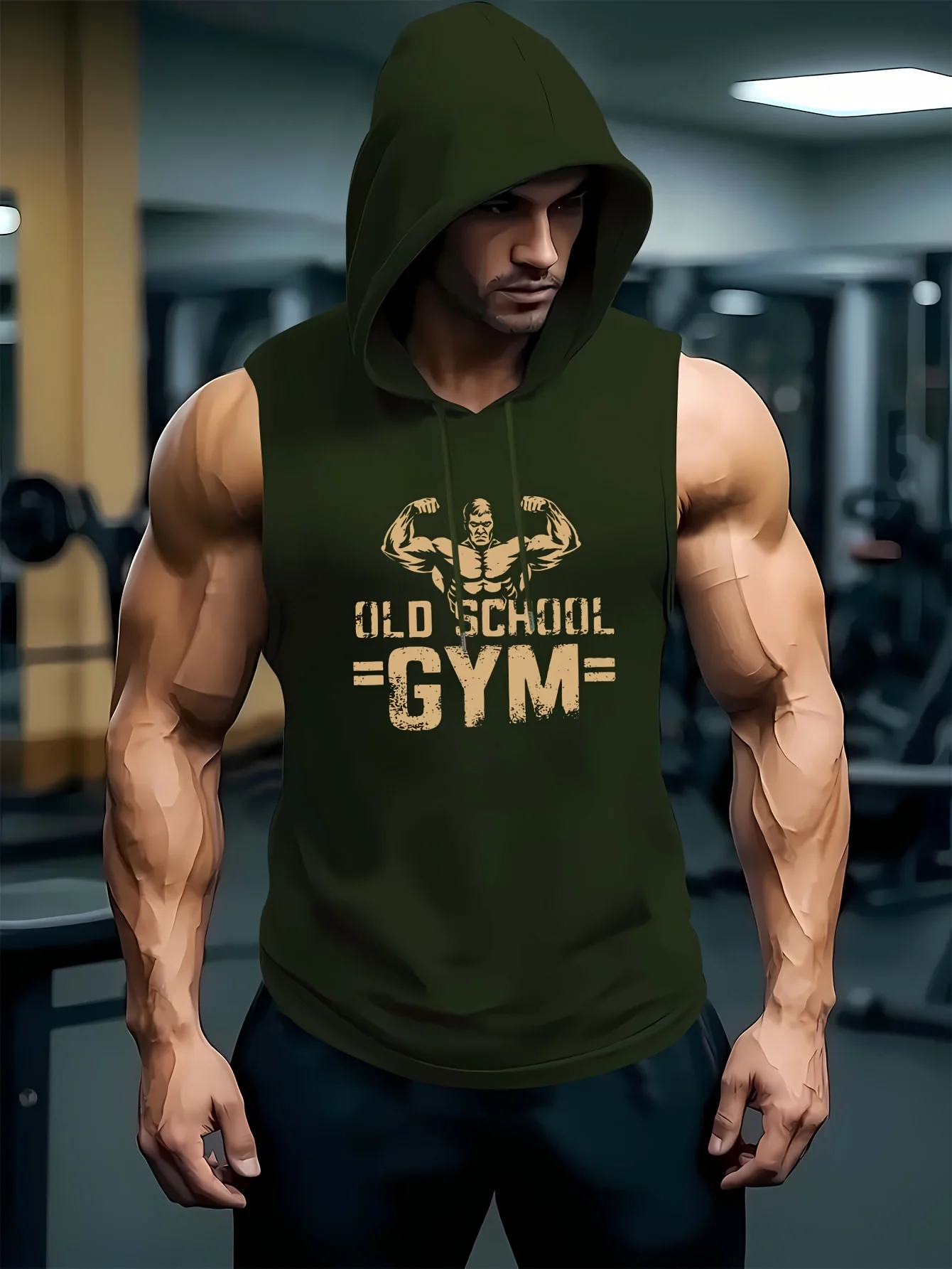 Men's Old School Gym Print Sleeveless Hoodie Tank Top - Bodybuilding Workout Hooded Vest, Breathable Muscle Fitness T-shirt for