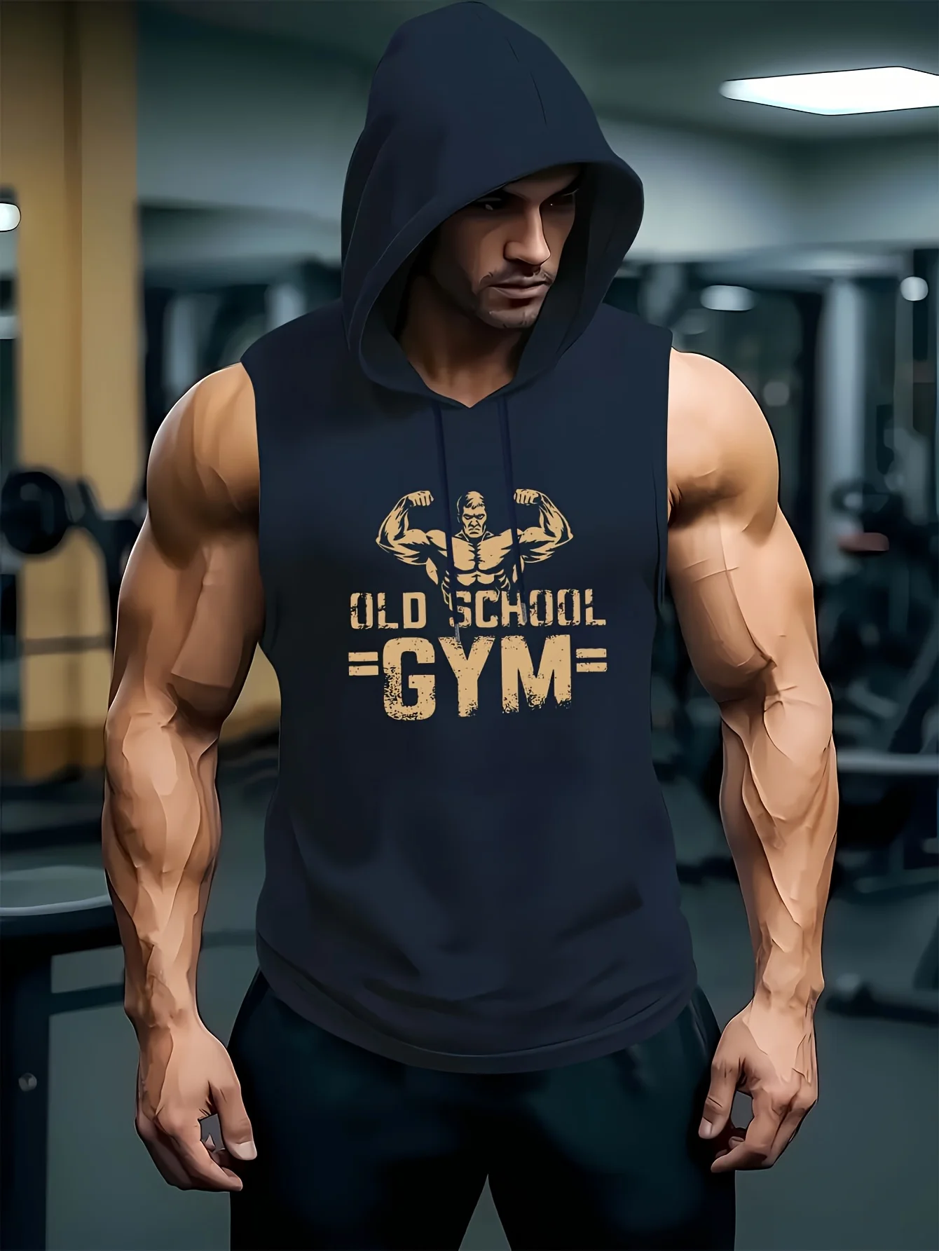Men's Old School Gym Print Sleeveless Hoodie Tank Top - Bodybuilding Workout Hooded Vest, Breathable Muscle Fitness T-shirt for