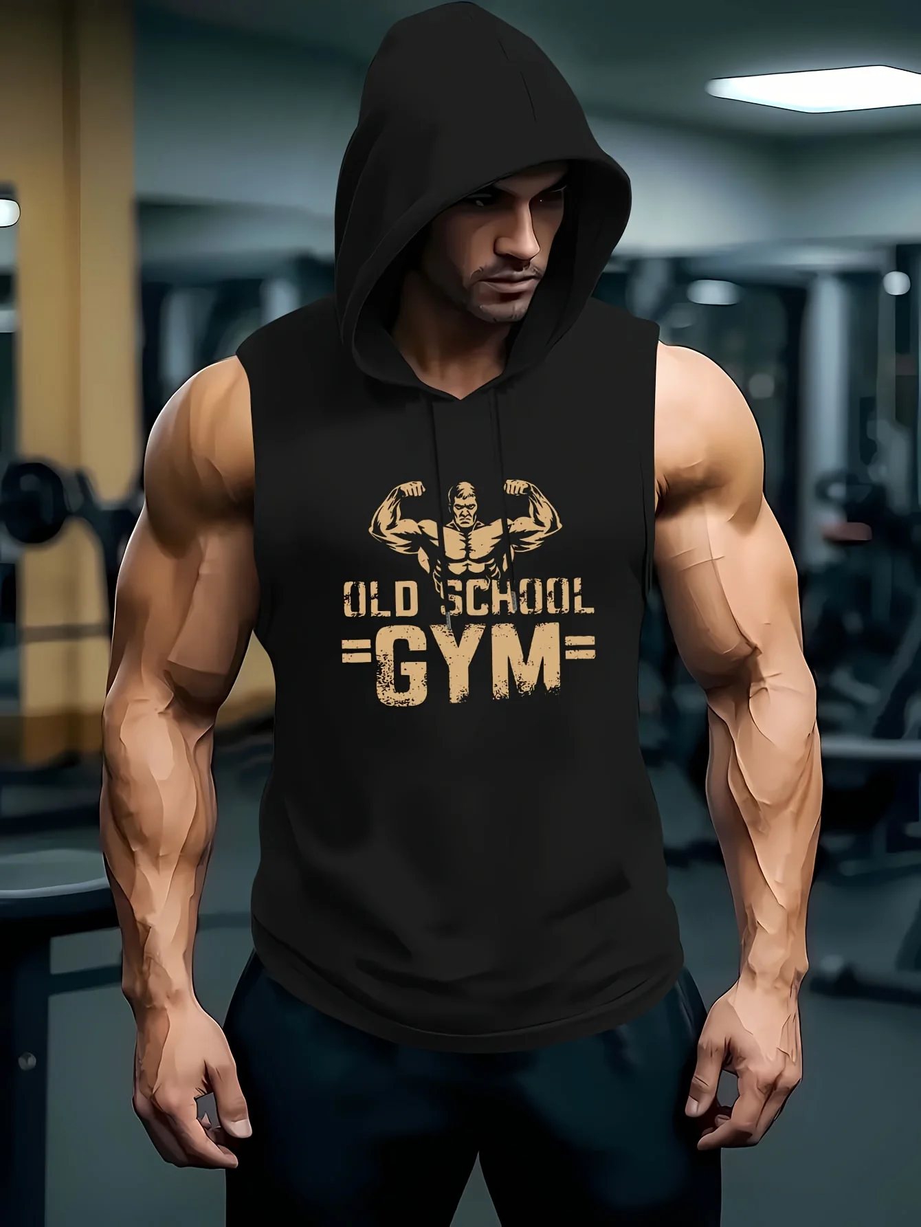 Men's Old School Gym Print Sleeveless Hoodie Tank Top - Bodybuilding Workout Hooded Vest, Breathable Muscle Fitness T-shirt for
