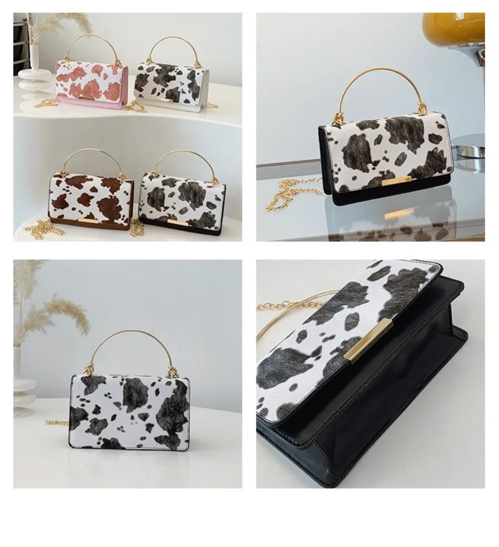 Summer Cow Print Ladies' Crossbody Bag Large Capacity PU Shoulder Bag Hand-held with Detachable Chain Underarm Handbag Tote Bag