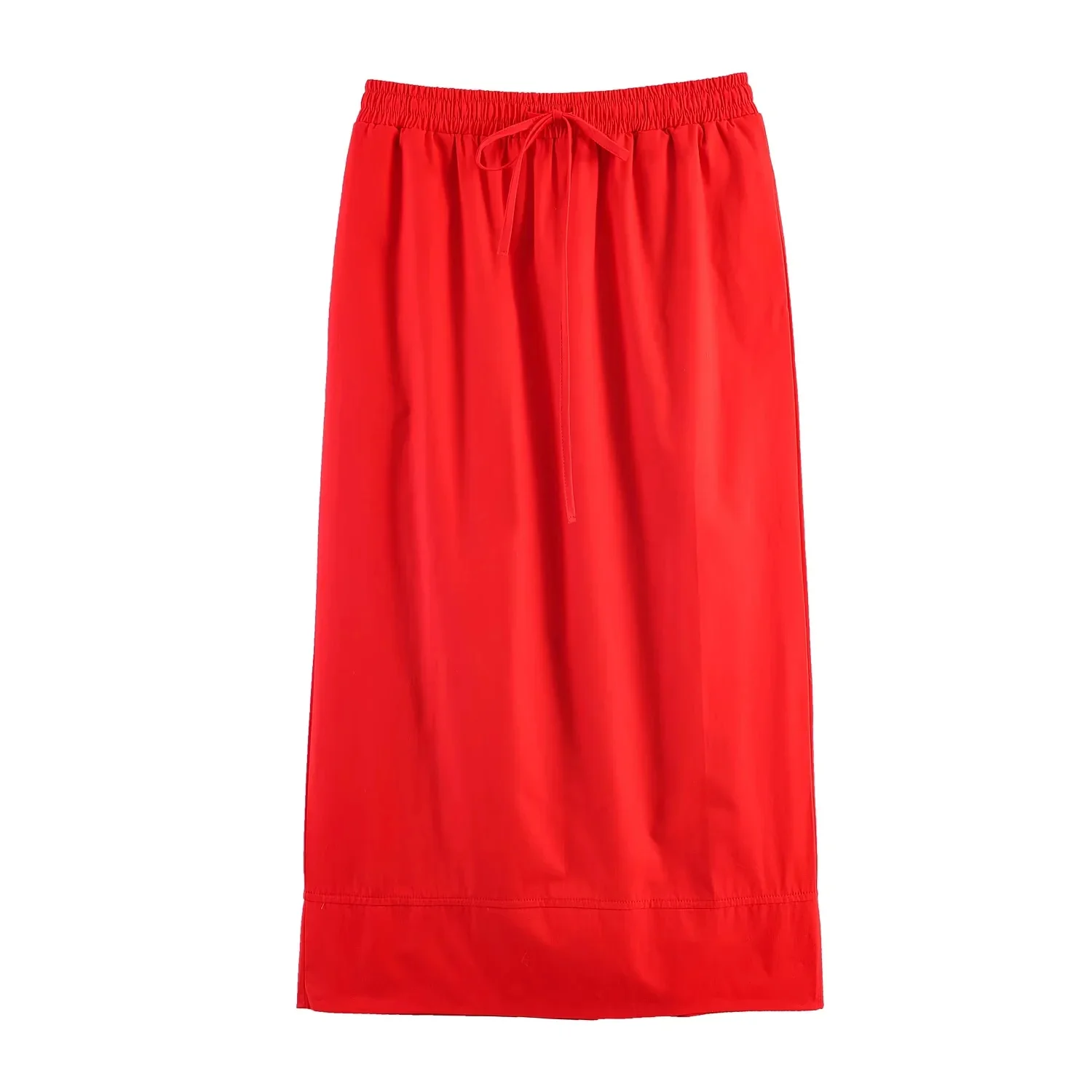 KONDALA Elegant Chic Red Midi Skirt Set Women Minimalist Trendy Puff Sleeve Shirt, Drawstring Skirt 2026 Spring Lady Leisure Set