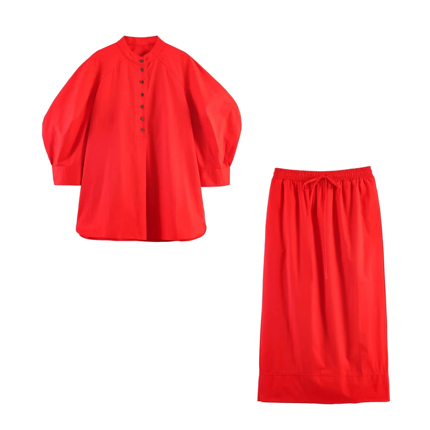 KONDALA Elegant Chic Red Midi Skirt Set Women Minimalist Trendy Puff Sleeve Shirt, Drawstring Skirt 2026 Spring Lady Leisure Set