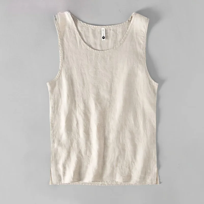 Men Cotton Linen Solid Tees Loose Lightweight Sleeveless Breathable Sweat-absorbent Vest Casual Outdoor Fitness Beach Tank Tops