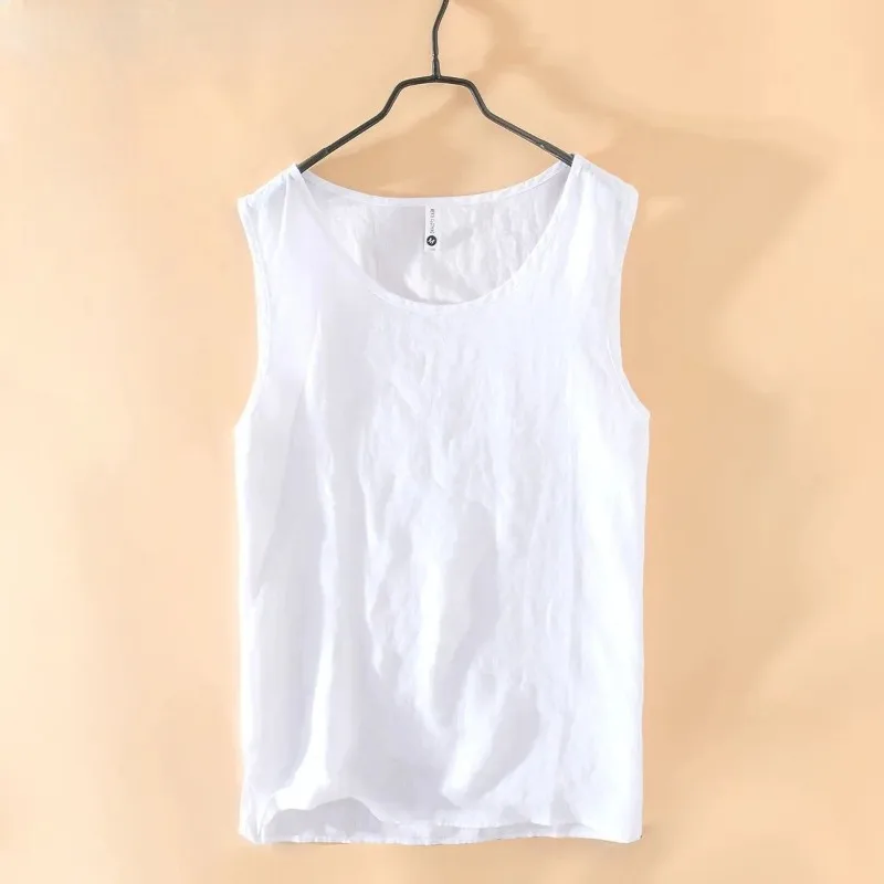 Men Cotton Linen Solid Tees Loose Lightweight Sleeveless Breathable Sweat-absorbent Vest Casual Outdoor Fitness Beach Tank Tops