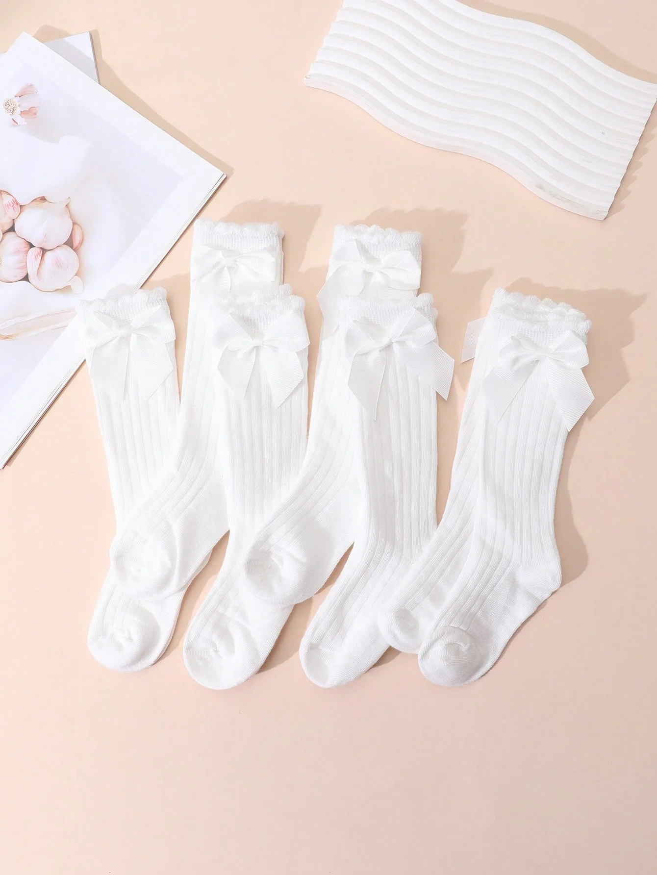 6 Pairs of Girls' White Bow Decorated Ankle-Length Stockings, Soft and Comfortable, Suitable for Daily Casual Wear as a Complete Outfit