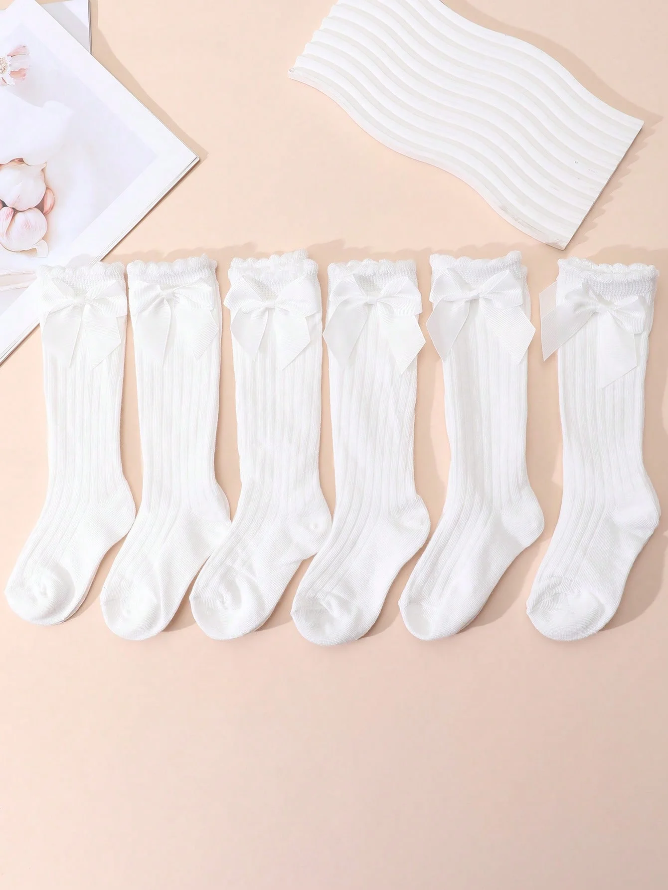 6 Pairs of Girls' White Bow Decorated Ankle-Length Stockings, Soft and Comfortable, Suitable for Daily Casual Wear as a Complete Outfit