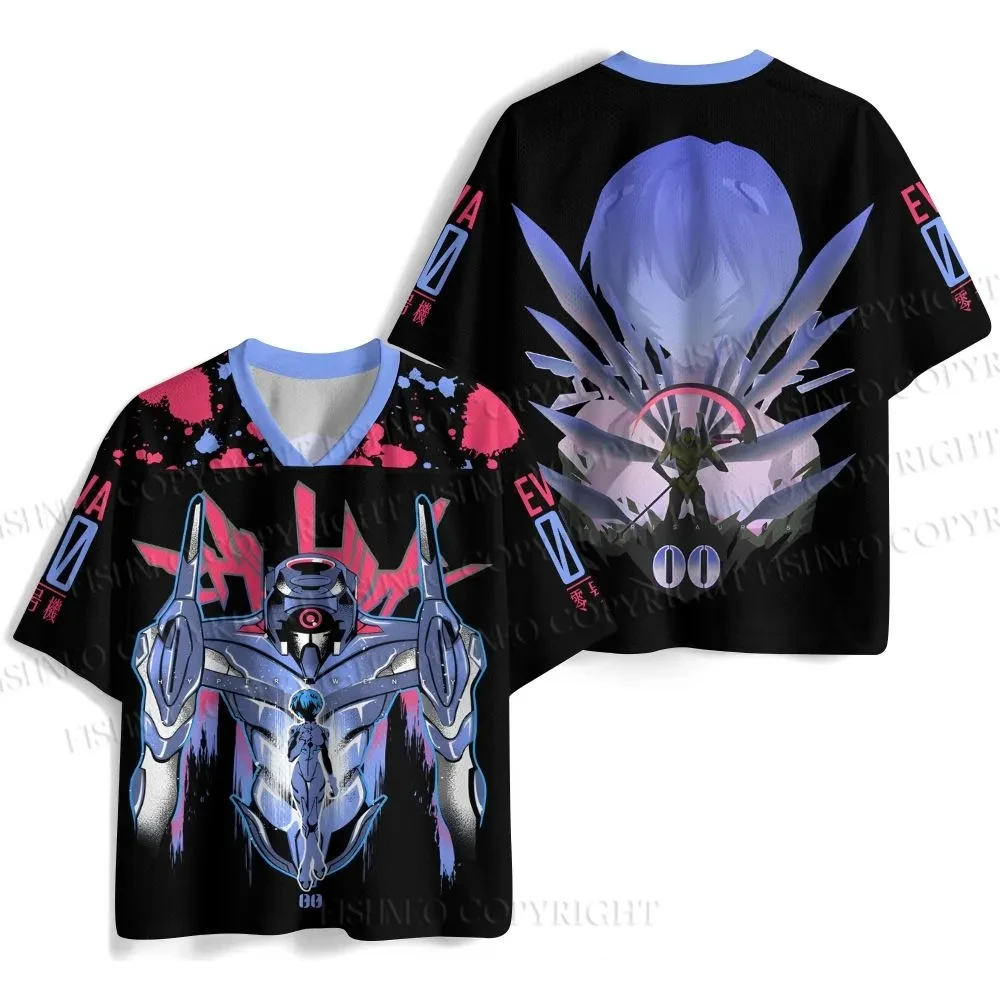New Anime Evangelion Rei Ayanami Unit-00 Print Mesh Jersey T-shirt Men Oversized Streetwear V-Neck Casual Short Sleeve Tops