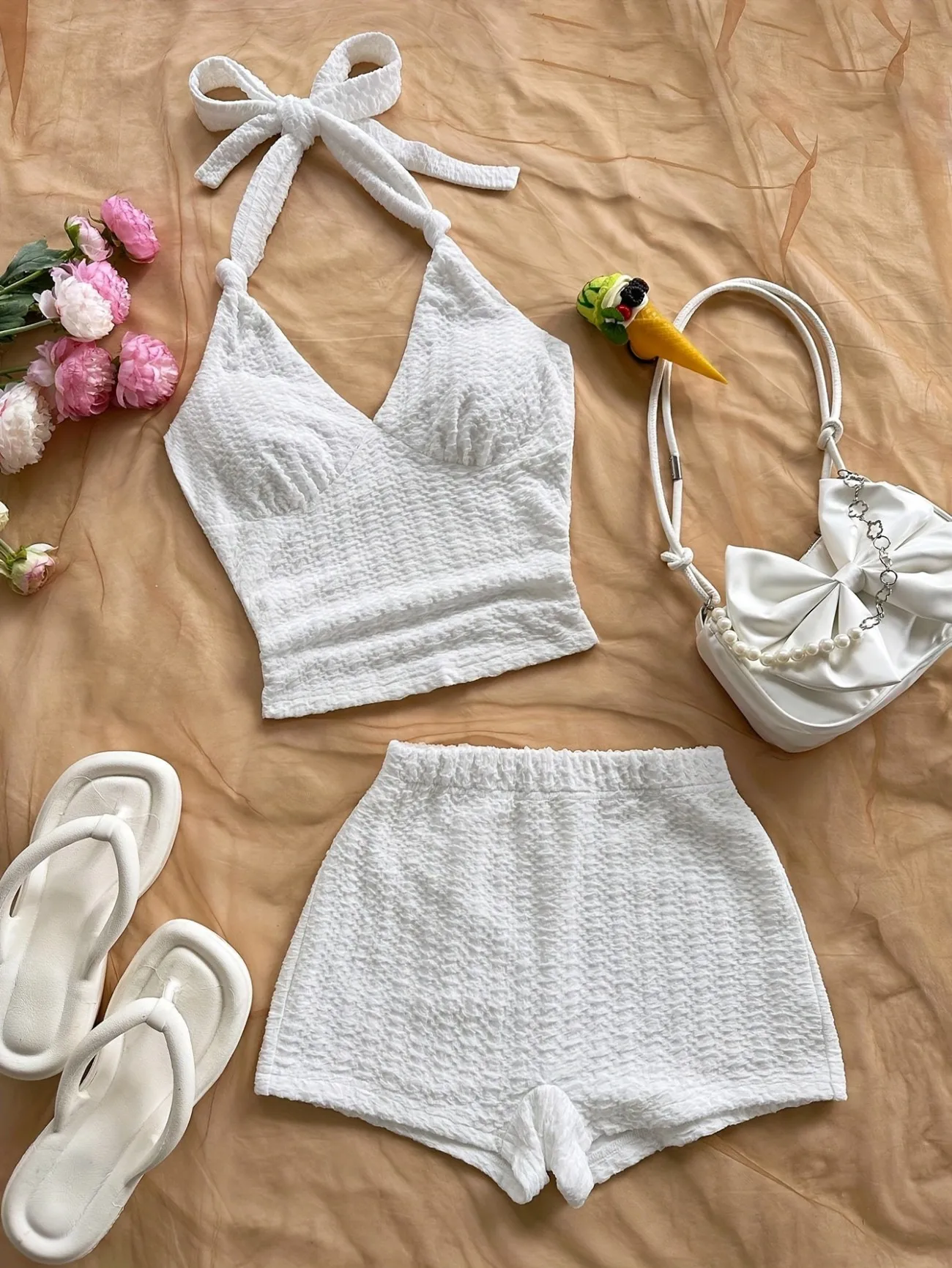 Summer White Halter Top and Shorts Set, Casual Beach Outfit