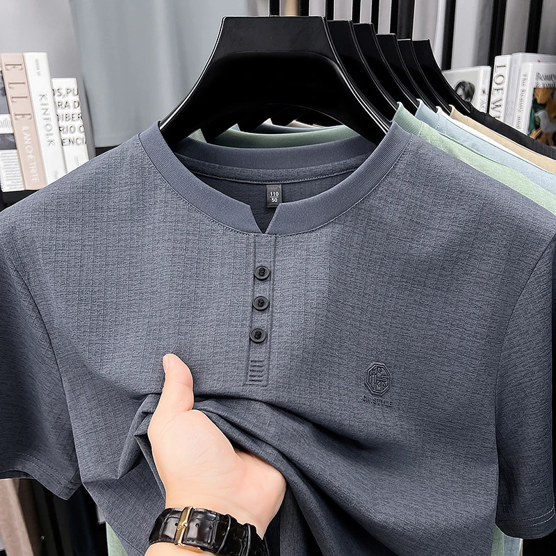 Mens Embroidered Logo Henley T Shirt Short Sleeve Slim Fit Casual Style Suitable For Daily Wear And Weekend Getaways