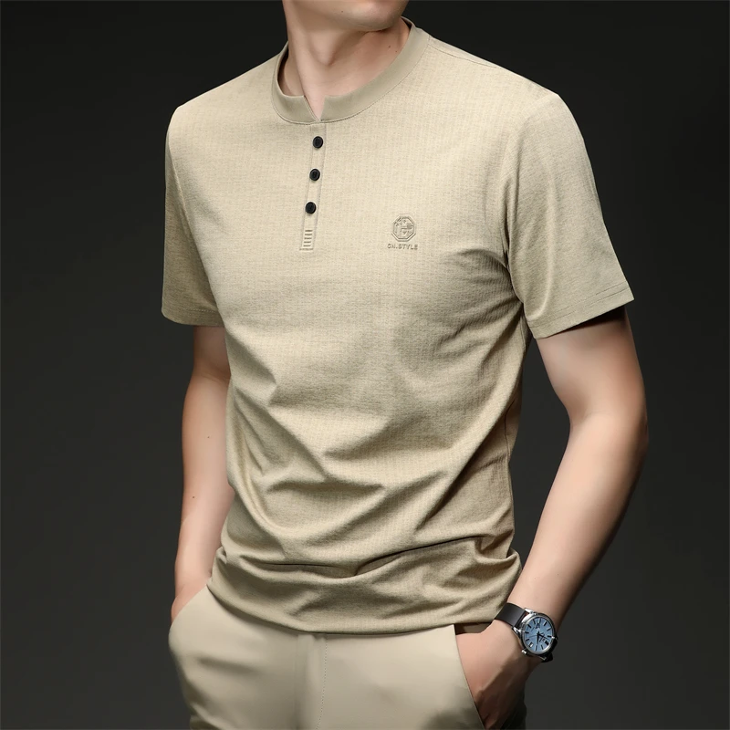 Mens Embroidered Logo Henley T Shirt Short Sleeve Slim Fit Casual Style Suitable For Daily Wear And Weekend Getaways